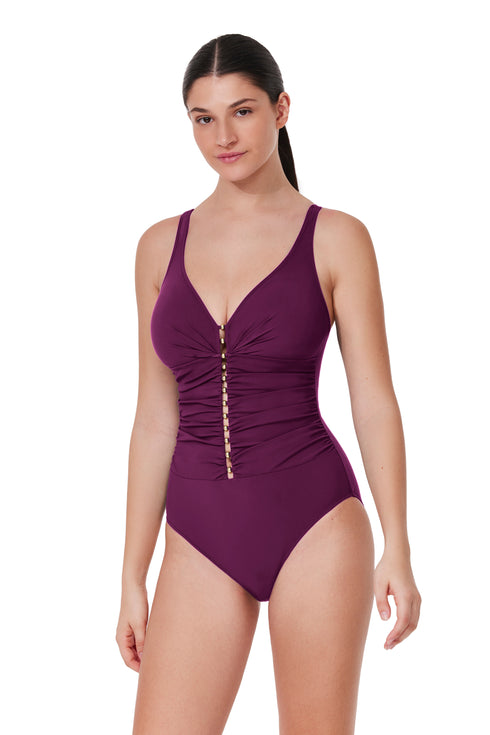 Profile by Gottex Tutti Frutti D-Cup V-Neck Gold Beaded One Piece